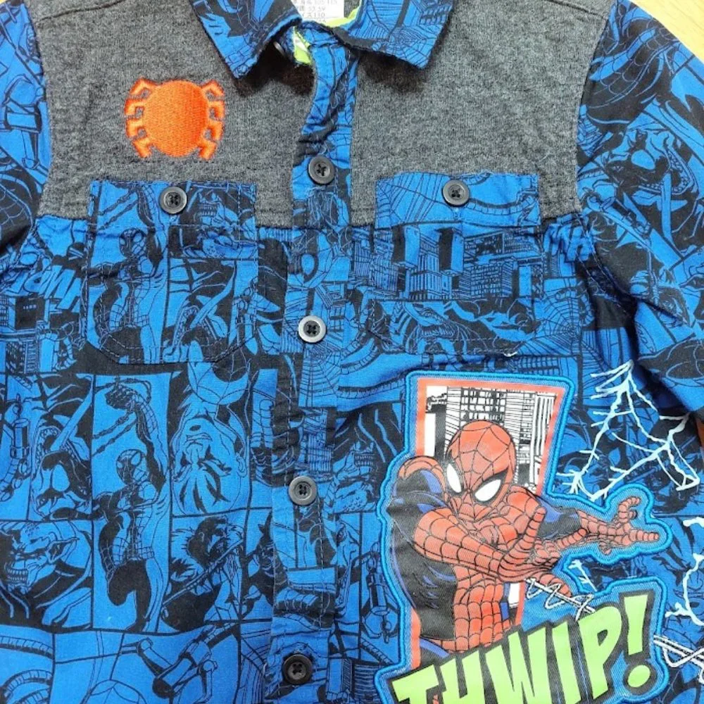 DISNEY STORE MARVEL Boys 4 LONG SLEEVED SHIRT SPIDERMAN Embroidered‎ BLUE Button